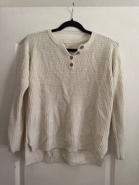 Girl’s Cream Waffle Knit Button-Shoulder Sweater